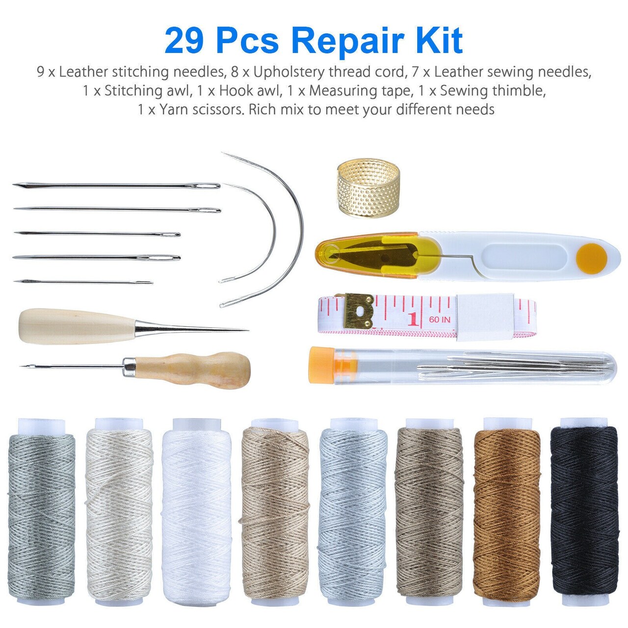 29Pcs Leather Waxed Sewing Kit Thread Stitching Needles Awl Hand Tools DIY Craft